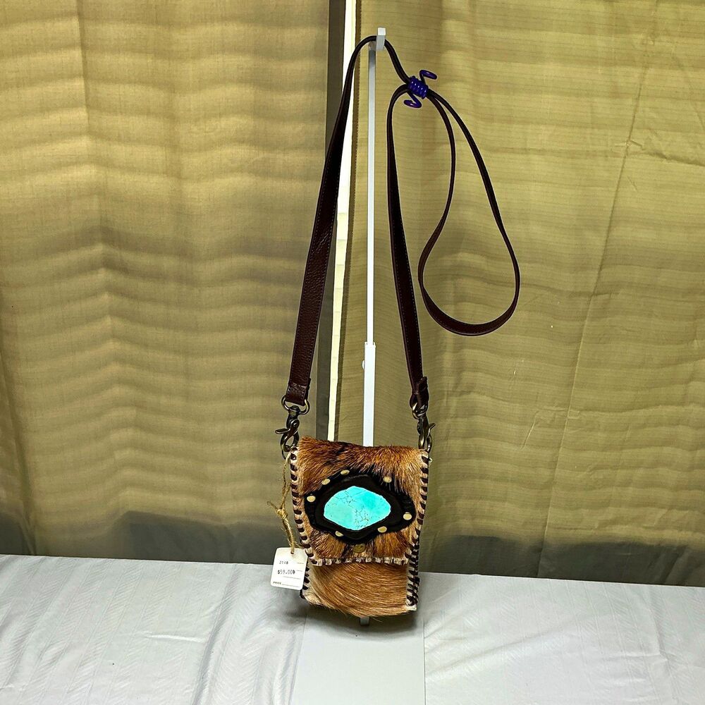 Women’s Small Brown/White Colorblock Crossbody Bag Turquoise Accent Gold Studs